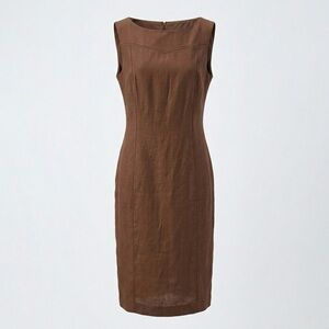 Lecomte Germany 100% Linen Midi Sheath Dress | Minimalist Boat Neck | Brown | 40